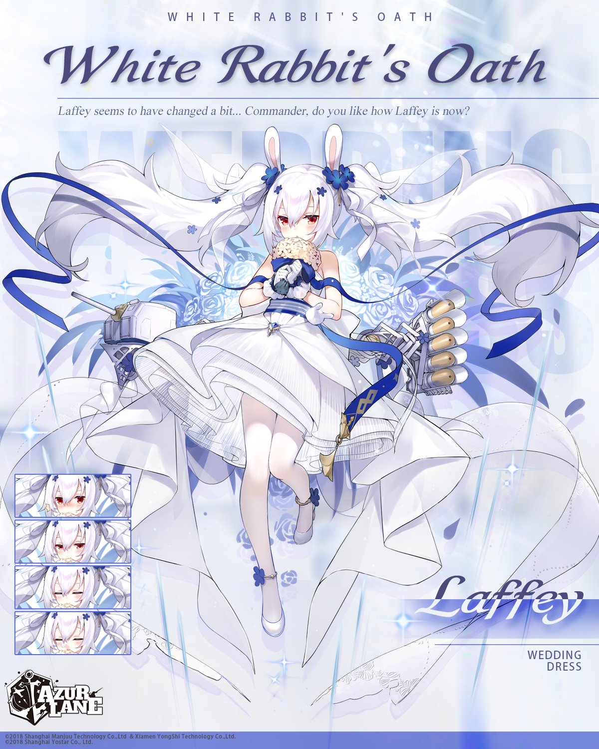1girl azur_lane bare_shoulders blue_flower blue_ribbon bouquet bunny_hair_ornament commentary_request copyright_name dress english_text expressions floating_hair flower full_body gloves hair_flower hair_ornament high_heels highres holding holding_bouquet kaede_(003591163) laffey_(azur_lane) laffey_(white_rabbit's_oath)_(azur_lane) long_hair looking_at_viewer official_art pantyhose red_eyes ribbon sleeveless sleeveless_dress solo torpedo torpedo_tubes twintails very_long_hair watermark wedding_dress white_dress white_footwear white_gloves white_hair white_legwear