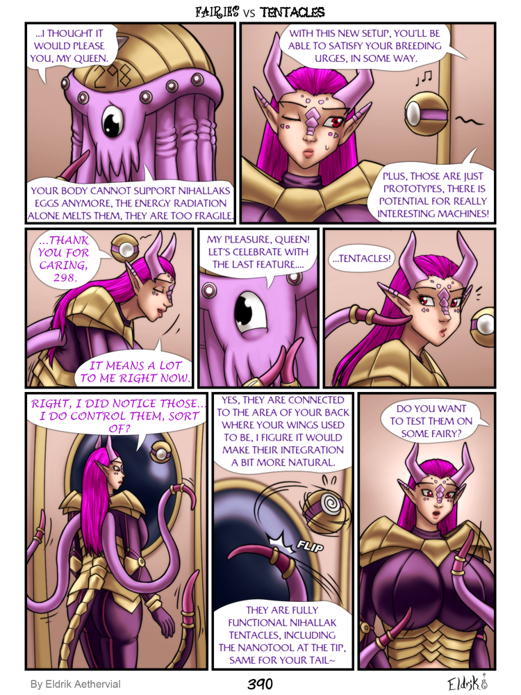 armor big_breasts bobbydando breasts clothed clothing comic dialogue duo english_text facial_markings fairies_vs_tentacles female hair head_markings horn huge_breasts humanoid markings nihallaks_(species) not_furry pink_hair red_eyes speech_bubble tentacle_monster tentacles text the_queen_(fvt)