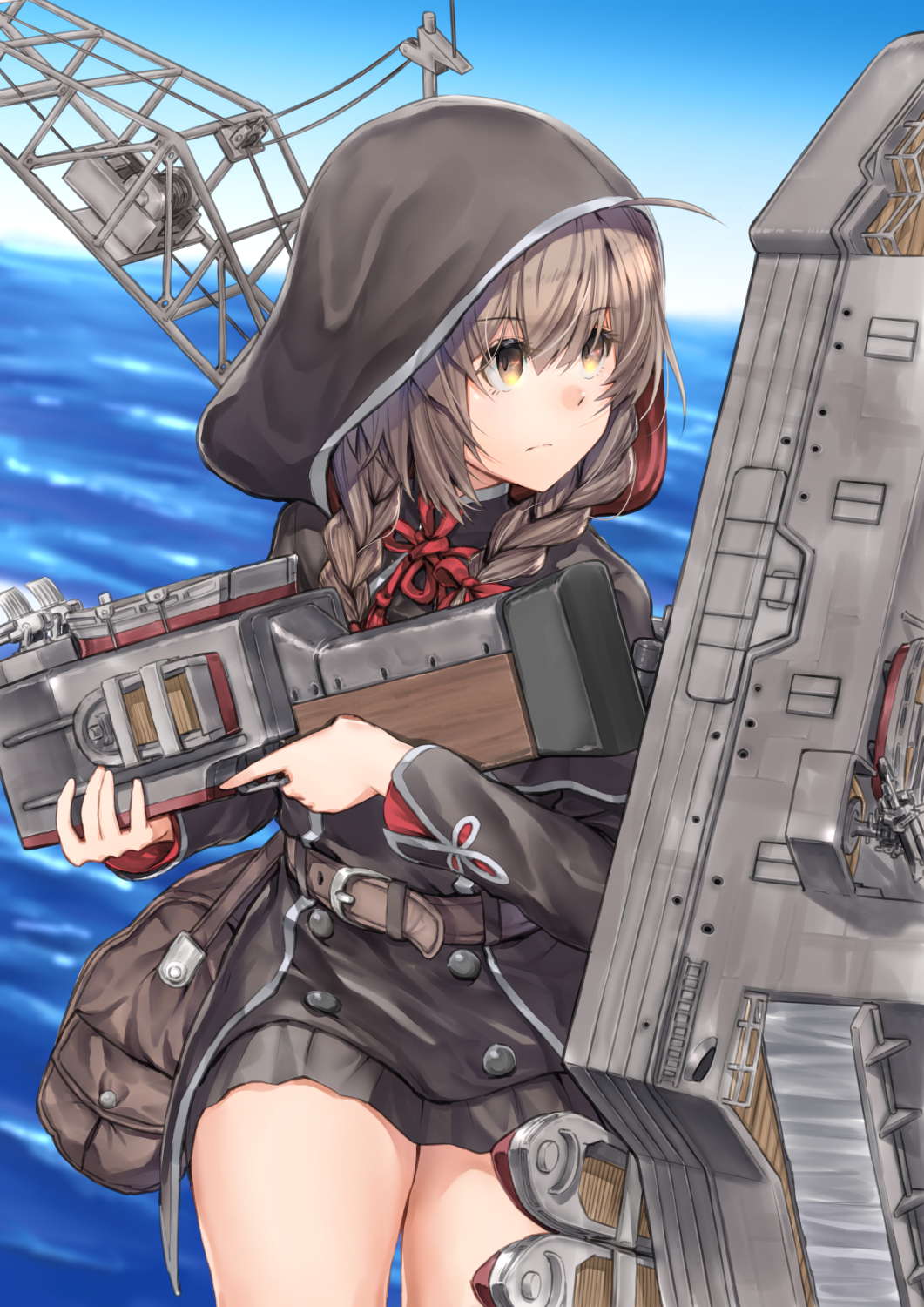 1girl bag belt black_capelet black_dress blue_sky braid brown_belt brown_eyes brown_hair capelet cloud commentary_request cowboy_shot crane day dress gun hair_ribbon highres hood hooded_capelet horizon kantai_collection long_sleeves looking_to_the_side machinery ocean outdoors pleated_dress ribbon rigging shinshuu_maru_(kantai_collection) short_dress simple_background sky solo twin_braids weapon zombie_mogura