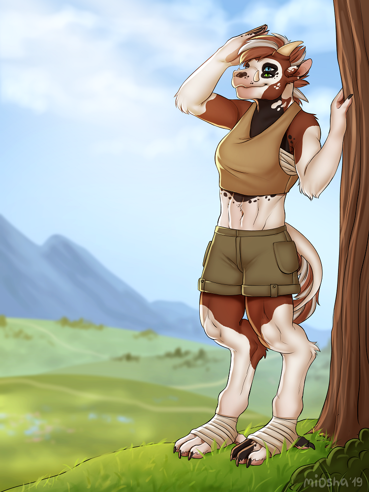 2019 anthro breasts canid canine canis clothed clothing day detailed_background digital_media_(artwork) dinosaur domestic_dog female fingers grass horn hybrid mammal midriff miosha multi_eye navel outside reptile scalie sky solo toes