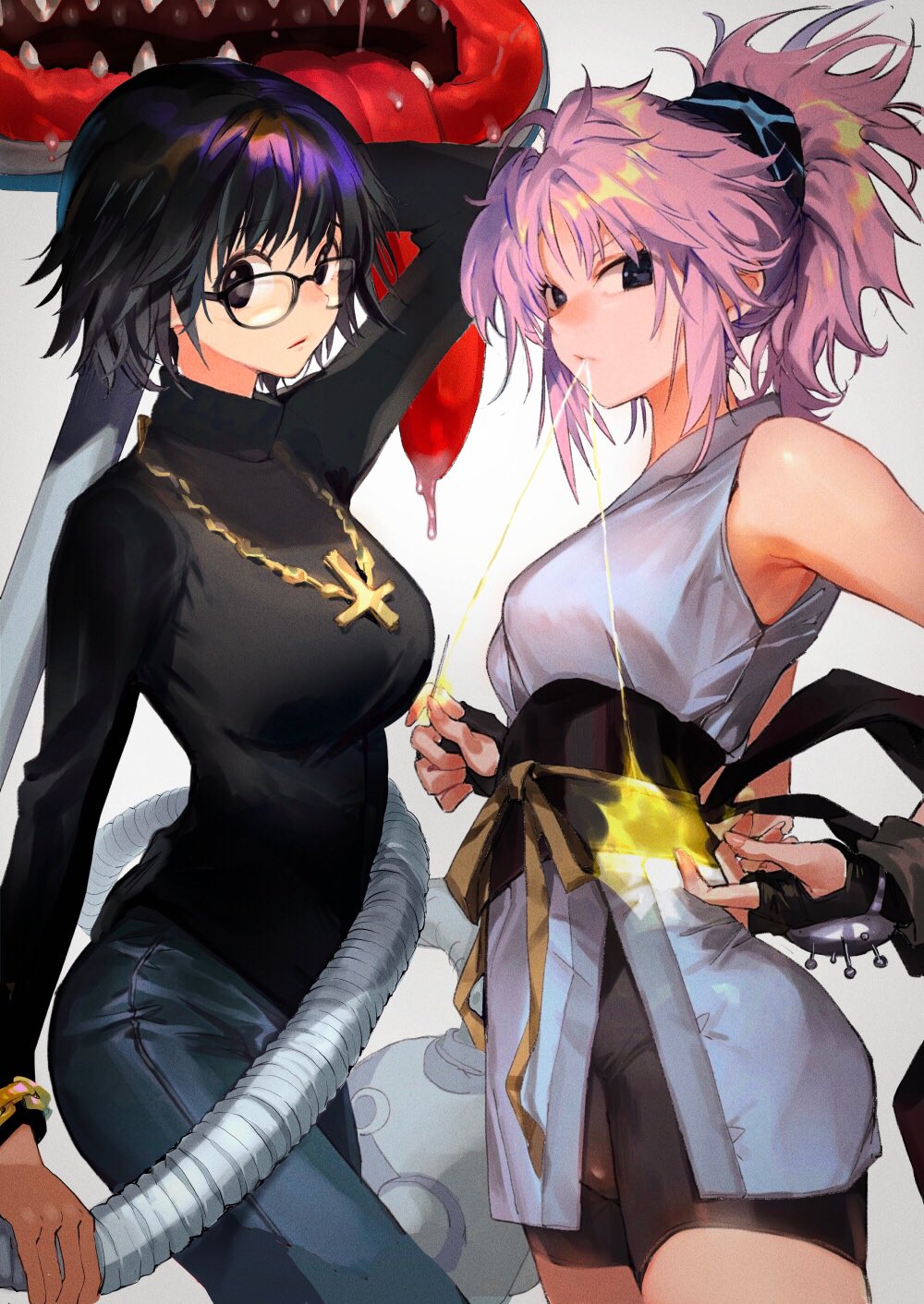 2girls arm_up armpit_peek aura bangs bike_shorts black_eyes black_hair black_sweater breasts cross denim dougi fingerless_gloves from_side glasses gloves gold_bracelet high_ponytail highres hunter_x_hunter inverted_cross japanese_clothes jeans jewelry large_breasts long_hair looking_at_viewer looking_down looking_to_the_side machi_(hunter_x_hunter) medium_breasts multiple_girls nail_polish necklace obi obijime pants pincushion pink_hair pose ribbon sash shizuku_(hunter_x_hunter) short_hair souji_hougu standing sweater thread tongue turtleneck upper_body yellow_ribbon