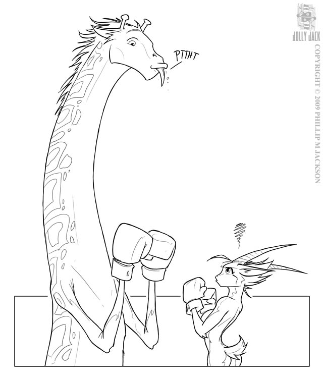 2009 annoyed antelope anthro black_and_white bovid boxing boxing_gloves breasts clothing conditional_dnp duo female gazelle giraffe giraffid hair handwear horn jollyjack male mammal monochrome nude side_boob size_difference sport tongue tongue_out