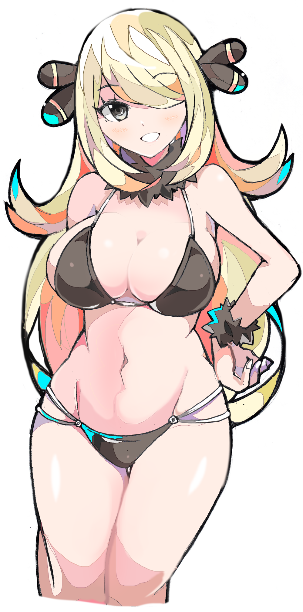 1girl :d arm_behind_back bare_arms bare_shoulders bikini black_bikini black_eyes blonde_hair blush breasts cleavage cropped_legs enpe eyebrows_visible_through_hair fur_bracelet fur_collar hair_ornament hair_over_one_eye hand_on_hip highres large_breasts long_hair looking_at_viewer navel open_mouth pokemon pokemon_(game) pokemon_dppt shirona_(pokemon) simple_background smile solo stomach swimsuit thigh_gap very_long_hair white_background