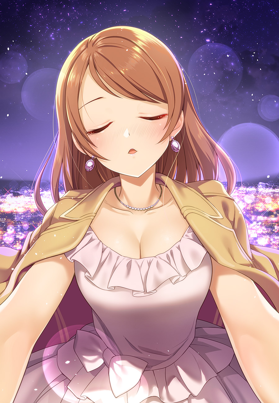 1girl bangs blush bow breasts brown_hair brown_jacket city_lights cleavage closed_eyes collarbone dress earrings facing_viewer frilled_dress frills highres houjou_karen idolmaster idolmaster_cinderella_girls jacket jacket_on_shoulders jewelry kazu large_breasts layered_dress lens_flare long_hair necklace night night_sky open_clothes open_jacket open_mouth outdoors outstretched_arms pov sky solo swept_bangs upper_body white_bow
