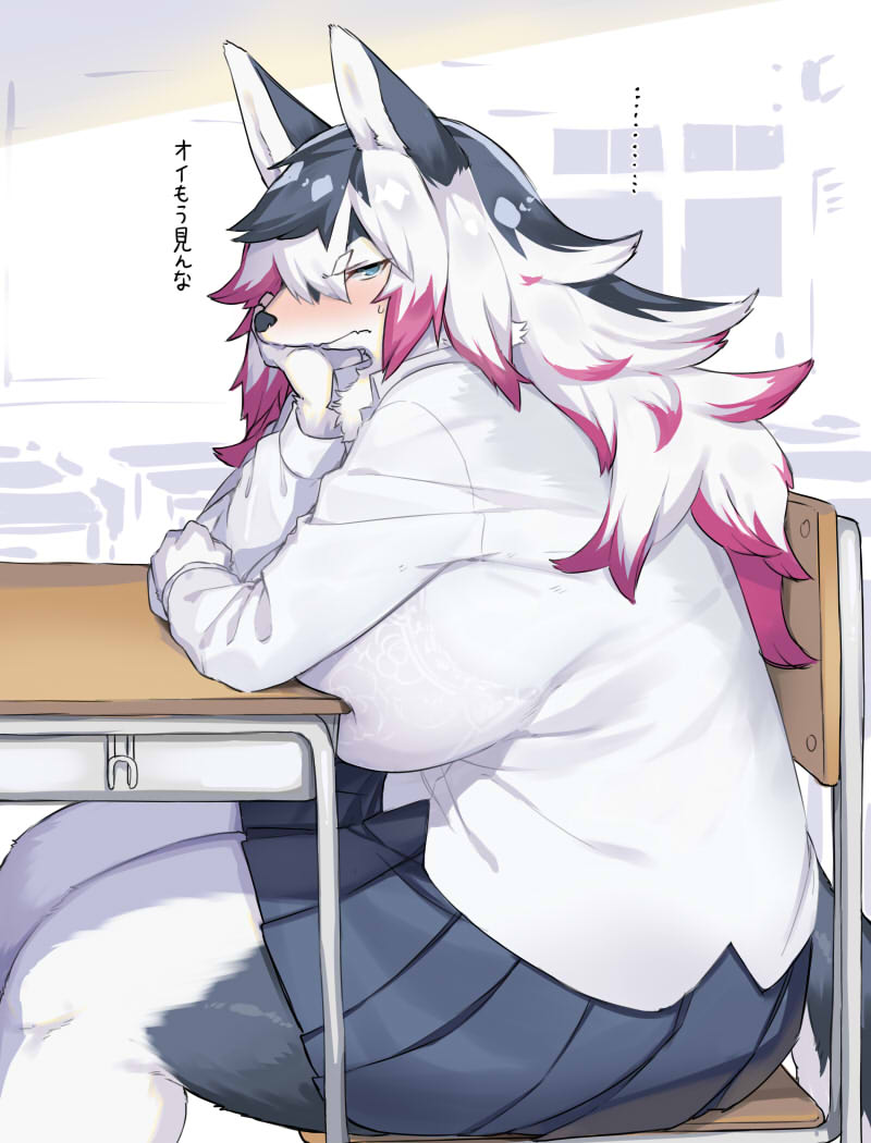 anthro blue_eyes blush bodily_fluids bottomwear breasts canid canine clothing female fur grey_body grey_fur japanese_text kemono kishibe looking_at_viewer mammal multicolored_body multicolored_fur sitting skirt sweat sweatdrop text translated two_tone_body two_tone_fur white_body white_clothing white_fur