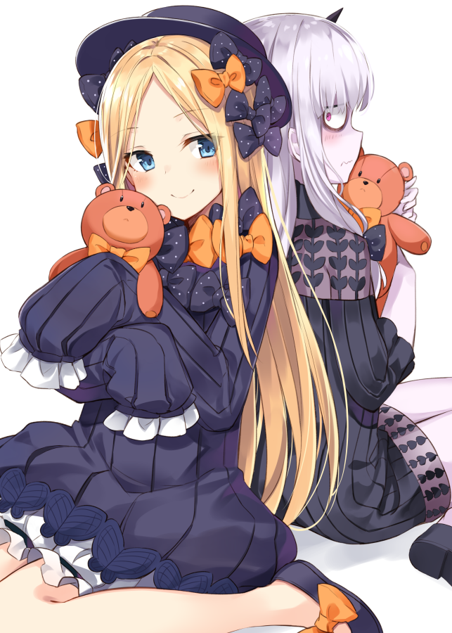 2girls abigail_williams_(fate/grand_order) bangs black_bow black_dress black_footwear black_headwear blonde_hair blue_eyes blush bow breasts closed_mouth dress fate/grand_order fate_(series) forehead hair_bow horn lavinia_whateley_(fate/grand_order) long_hair long_sleeves looking_at_viewer multiple_bows multiple_girls orange_bow pale_skin parted_bangs pink_eyes polka_dot polka_dot_bow ribbed_dress simple_background sitting sleeves_past_fingers sleeves_past_wrists smile stuffed_animal stuffed_toy takehana_note teddy_bear wariza white_background white_bloomers white_hair wide-eyed