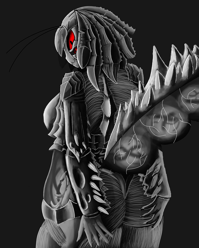 alien anthro arthropod digital_media_(artwork) female greyscale insect mantis monochrome red_eyes sk8th solo thick_thighs wide_hips