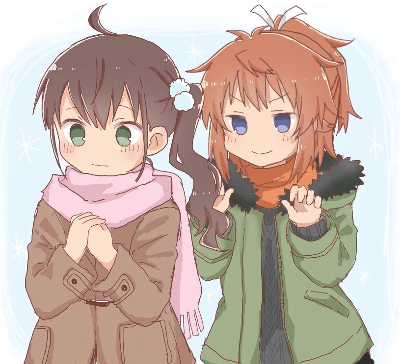 2girls bangs black_sweater blush brown_coat brown_hair closed_mouth coat commentary_request eyebrows_visible_through_hair fringe_trim fur-trimmed_jacket fur_trim green_eyes green_jacket hair_between_eyes hair_ornament hair_ribbon hands_together hands_up jacket koshigaya_natsumi long_hair long_sleeves multiple_girls niizato_aoi non_non_biyori open_clothes open_jacket orange_scarf own_hands_together pink_scarf ponytail ribbon scarf shika_(s1ka) side_ponytail sleeves_past_wrists smile sweater upper_body v-shaped_eyebrows white_ribbon