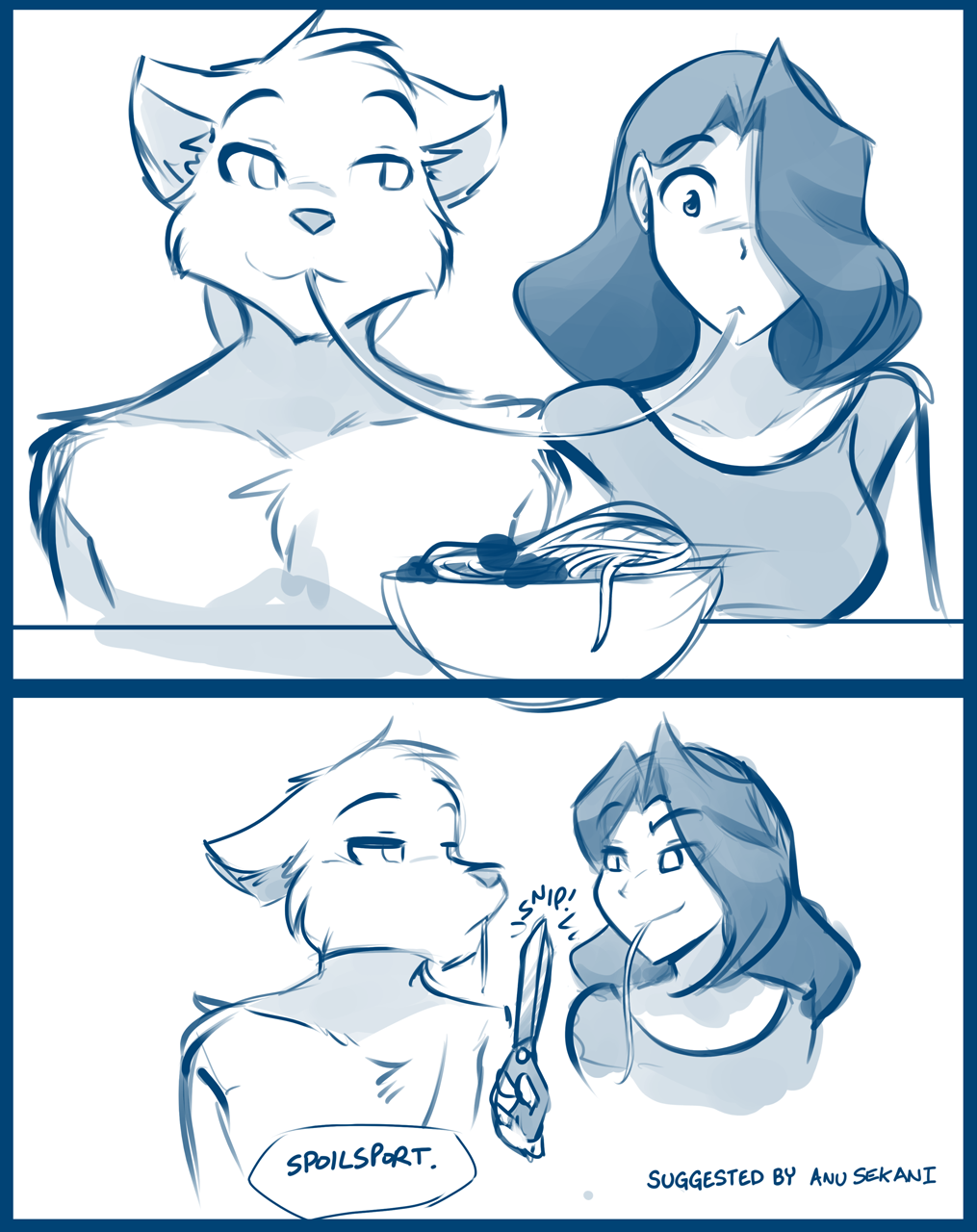 2019 annoyed anthro blush bowl canid canine canis chest_tuft clothed clothing conditional_dnp dialogue disappointed duo eating english_text female food hi_res human keidran male mammal maren_taverndatter monochrome pasta scissors simple_background sketch smile smirk smug spaghetti sythe_(twokinds) text tom_fischbach topless tuft twokinds unamused webcomic white_background wolf