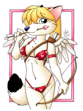 &lt;3 2006 angel anthro armband arrow bikini blonde_hair blue_eyes bow_(weapon) breasts canid canine canis cleavage clothed clothing cupid cupid's_arrow dipstick_tail feathered_wings feathers female fur hair holding_object holding_weapon holidays low_res mammal michele_light multicolored_tail quiver ranged_weapon smile solo swimwear valentine's_day weapon wings wolf
