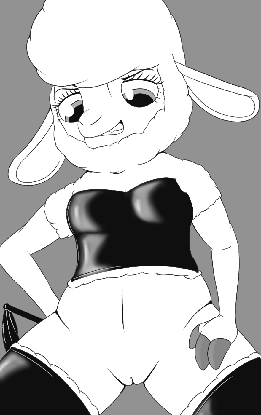 a-signature anthro bovid caprine clothed clothing dawn_bellwether digital_media_(artwork) disney eyelashes female fur grey_background hi_res legwear mammal naughty_face no_underwear portrait pose pussy sheep simple_background solo teeth three-quarter_portrait wool_(fur) zootopia