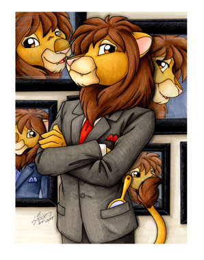 2007 anthro border brown_eyes brown_hair brown_mane clothed clothing felid fur hair hand_mirror lion low_res male mammal mane marker_(artwork) michele_light mirror necktie pantherine photo seven_deadly_sins solo suit tail_tuft topwear traditional_media_(artwork) tuft white_border