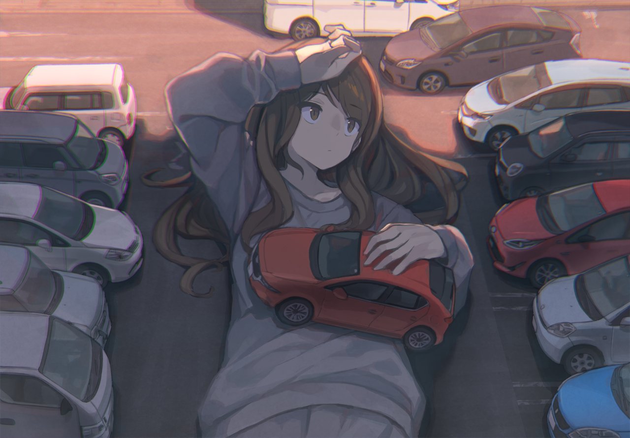 1girl brown_eyes brown_hair car expressionless eyebrows_visible_through_hair giantess grey_shirt ground_vehicle hand_up holding long_hair long_sleeves lying motor_vehicle on_back original parking_lot shade shirt size_difference tomioka_jirou upper_body