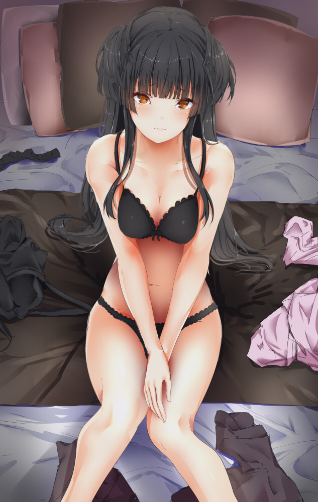 1girl 351_rane bangs bare_shoulders black_bra black_hair black_panties blunt_bangs blush bra breasts brown_eyes cleavage closed_mouth clothes_removed collarbone eyebrows_visible_through_hair hands_together idolmaster idolmaster_shiny_colors long_hair looking_at_viewer mayuzumi_fuyuko medium_breasts navel on_bed panties partially_undressed sitting solo thighs two_side_up underwear underwear_only