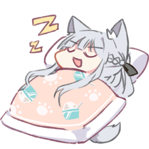 1girl ak-12_(girls_frontline) animal_ears chibi closed_eyes futon girls_frontline head lowres lying open_mouth paw_print pillow silver_hair sleeping solo tail under_covers white_background wolf_ears wolf_tail yuutama2804 zzz