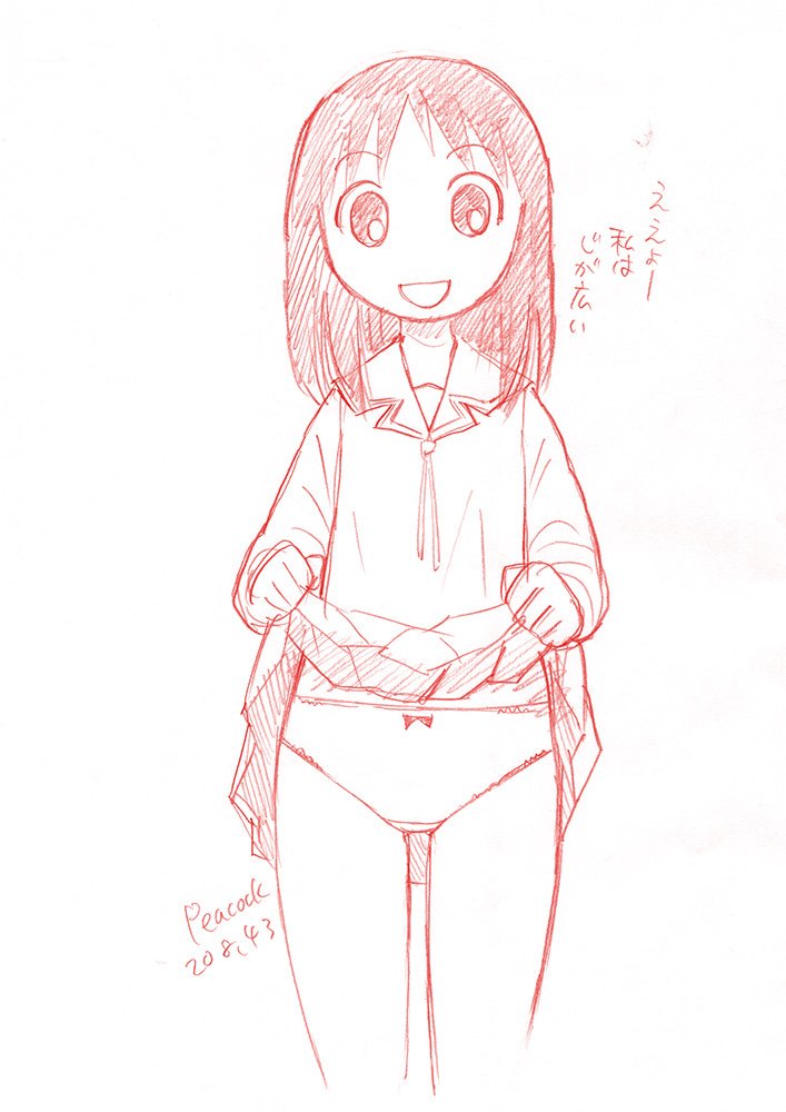 1girl azumanga_daiou commentary_request cowboy_shot dated graphite_(medium) kasuga_ayumu lifted_by_self long_sleeves looking_at_viewer medium_hair monochrome open_mouth panties peacock_(p-location) pleated_skirt school_uniform serafuku signature simple_background sketch skirt skirt_lift smile solo standing traditional_media translation_request underwear white_background white_panties