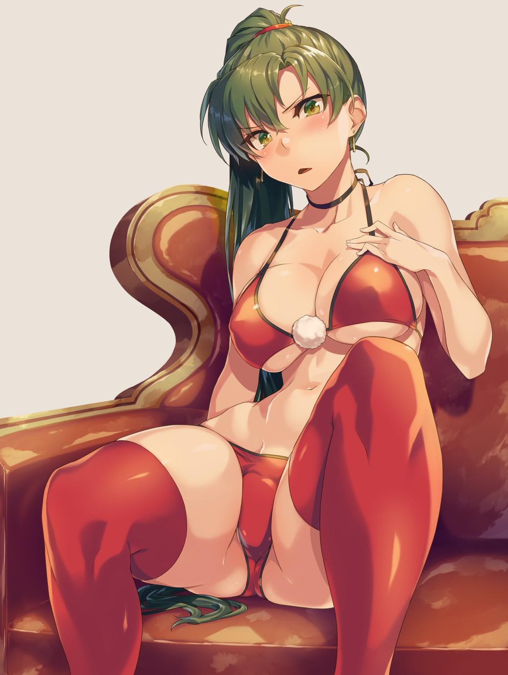 1girl ass bad_id bikini blush breasts choker cleavage couch covered_nipples earrings fire_emblem fire_emblem:_the_blazing_blade green_eyes green_hair highres jewelry long_hair looking_at_viewer lyn_(fire_emblem) navel open_mouth ponytail red_bikini red_legwear shinon_(tokage_shuryou) sitting solo swimsuit thighhighs