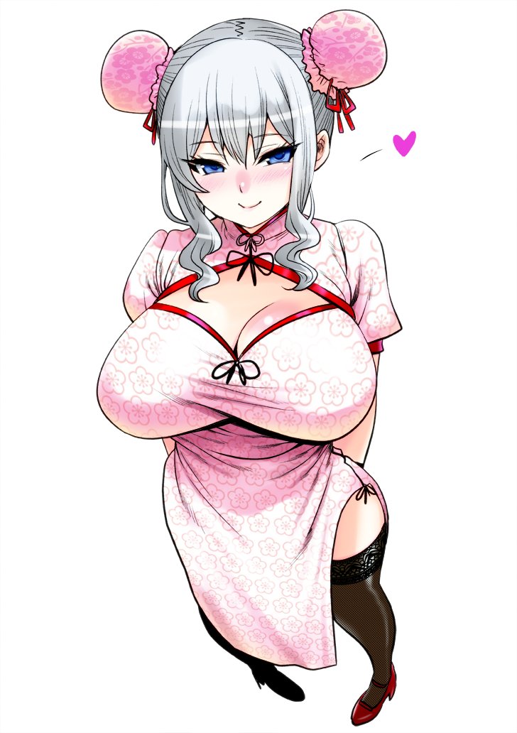 1girl alternate_costume arms_behind_back bangs black_legwear blue_eyes blush breasts bun_cover china_dress chinese_clothes double_bun dress eyebrows_visible_through_hair eyelashes floral_print heart high_heels kantai_collection kashima_(kantai_collection) large_breasts perepere-kun red_footwear short_sleeves side_slit sidelocks silver_hair simple_background smile solo standing thighhighs white_background