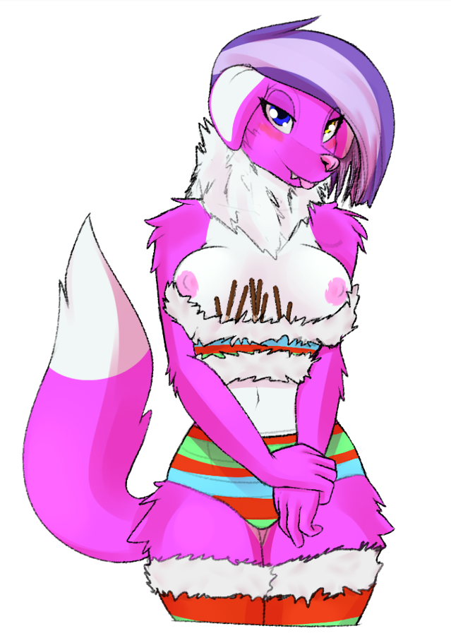 anthro arcanine blush booponies bottomwear breasts canid canine canis clothing domestic_dog exposed_breasts fangs female food mammal nintendo nipples pocky pok&eacute;mon pok&eacute;mon_(species) poking smile splitsy_(booponies) underwear video_games