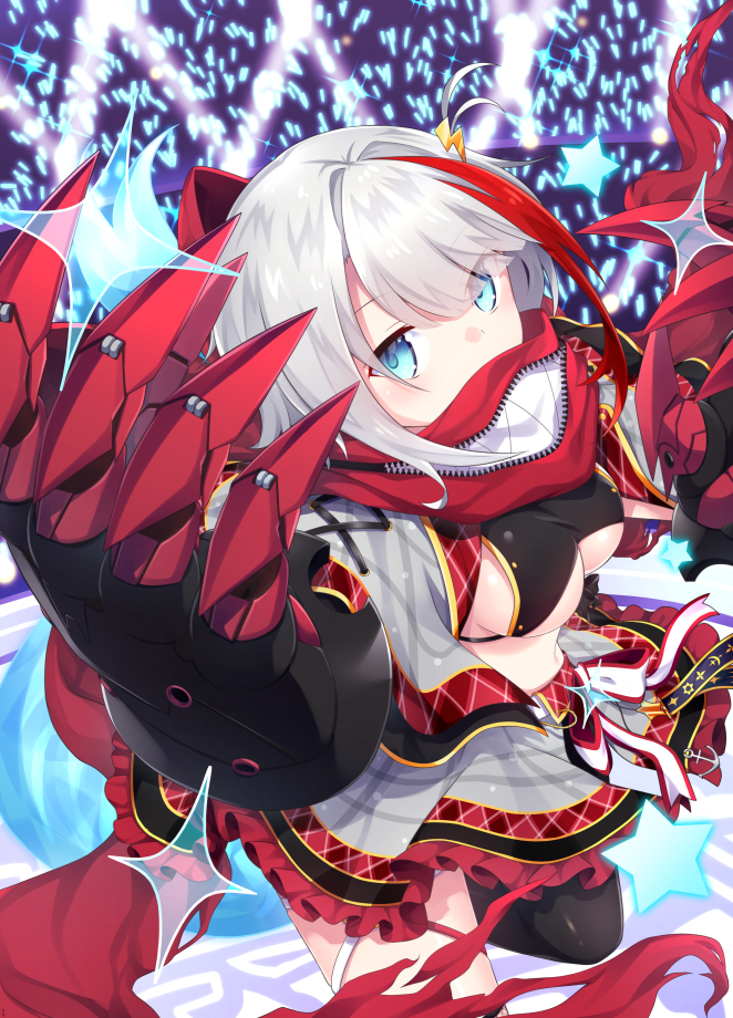 1girl admiral_graf_spee_(azur_lane) admiral_graf_spee_(ironblood_cutie)_(azur_lane) azur_lane black_bikini_top blue_eyes breasts claws commentary_request frilled_skirt frills from_above glowstick leg_up looking_at_viewer mechanical_hands medium_breasts multicolored_hair nogisaka_kushio scarf scarf_over_mouth short_hair sidelocks skirt solo sparkle standing standing_on_one_leg streaked_hair underboob white_hair