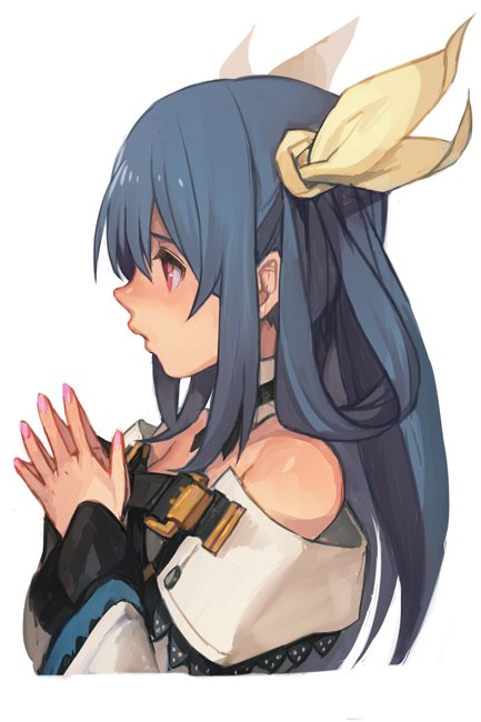 1girl bare_shoulders blue_hair bow copyright_request detached_collar fingernails fingers_together from_side hair_bow hankuri long_hair nail_polish own_hands_together parted_lips pink_nails profile red_eyes simple_background solo white_background yellow_bow