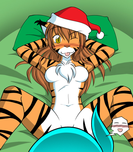 anthro arms_behind_head bed blue_hair blush breasts brown_hair chest_tuft christmas duo feline female flora flora_(twokinds) fur hair hat holidays human inside keidran legs_up lying male mammal navel nude on_back on_bed one_eye_closed orange_body pillow presenting santa_hat slit_pupils smile solo_focus spread_legs spreading straight stripes tiger tom_fischbach tongue tongue_out trace_legacy tuft twokinds webcomic wink