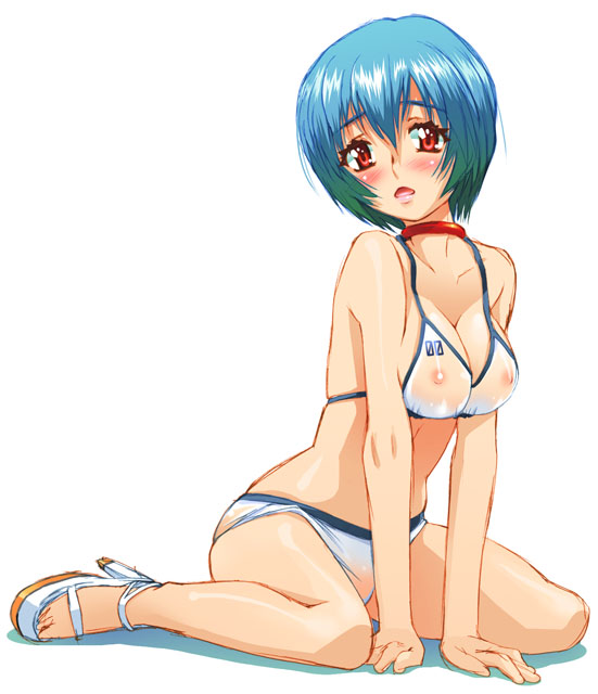 asaki_takayuki ayanami_rei bikini blue_hair blush breasts collar covered_nipples full_body high_heels medium_breasts neon_genesis_evangelion red_eyes see-through shoes short_hair simple_background sitting solo swimsuit wariza