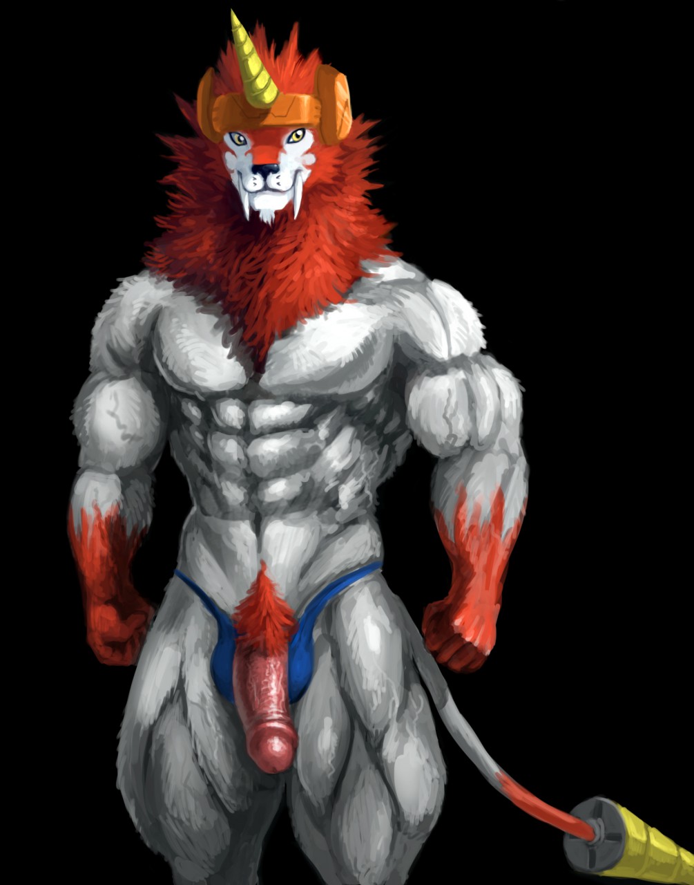 clothed clothing digimon digimon_(species) dorulumon fangs hi_res horn humanoid_penis kruger0 male muscular navel penis pubes solo topless underwear