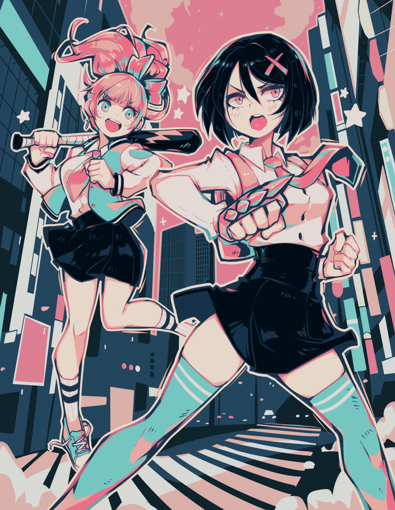2girls aqua_legwear backpack bag baseball_bat black_hair bow brass_knuckles breasts building clenched_hands commentary english_commentary hair_bow hair_ornament high-waist_skirt holding holding_baseball_bat holding_weapon jacket kunio-kun_series kyoko_(kunio-kun) letterman_jacket limited_palette long_hair misako_(kunio-kun) multiple_girls necktie parororo pink_eyes ponytail river_city_girls school_uniform shoes skirt skyscraper small_breasts sneakers socks spiked_knuckles thighhighs untied_shoes weapon x_hair_ornament