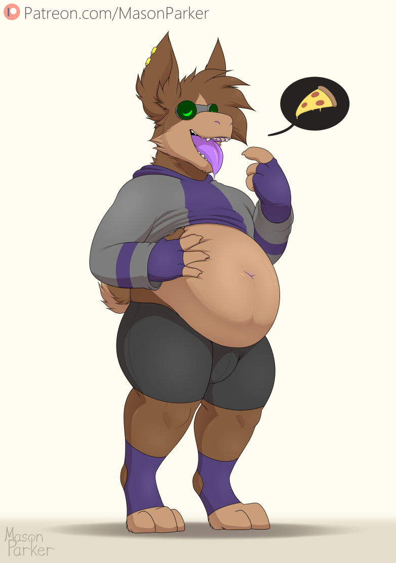 2019 3_toes 4_fingers anthro belly big_belly bottomwear brown_body brown_fur brown_hair clothing ear_piercing eyewear fangs fingers food fur gesture goggles gremlin_(spiral_knights) hair hand_on_stomach hungry male masonparker navel open_mouth pants patreon paws piercing pizza purple_tongue ryth signature simple_background slightly_chubby solo speech_bubble spiral_knights standing teeth text toes tongue tongue_out topwear url white_background