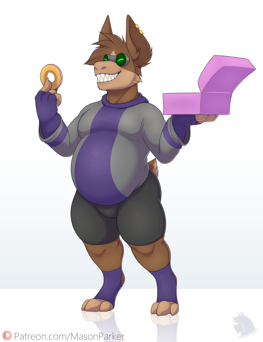 2019 3_toes 4_fingers anthro belly biped bottomwear box brown_body brown_fur brown_hair cheek_tuft clothed clothing digital_drawing_(artwork) digital_media_(artwork) doughnut ear_piercing eating eyewear facial_tuft fangs fingers food front_view fur goggles gremlin_(spiral_knights) hair holding_food holding_object male masonparker open_mouth open_smile pants patreon paws piercing ryth sharp_teeth signature simple_background slightly_chubby small_tail smile solo spiral_knights standing sweater tan_body tan_fur teeth text three-quarter_view toes topwear tuft url watermark white_background