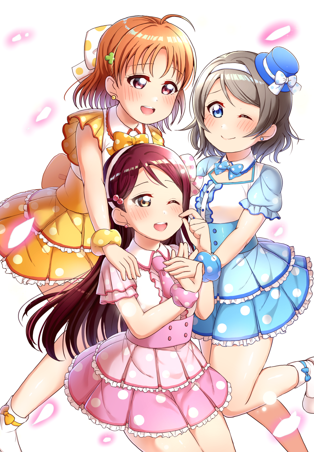 3girls ;) ;d ahoge back_bow bangs berisuno_(beriberi0707) blue_dress blue_eyes blue_headwear blue_neckwear blue_scrunchie blush bow bowtie brown_eyes center_frills clover_hair_ornament collared_dress commentary_request dress earrings frilled_dress frilled_sleeves frills grey_hair hair_bobbles hair_bow hair_ornament hairband hand_on_another's_shoulder hand_on_own_cheek hat hat_ribbon highres holding_hands jewelry long_hair love_live! love_live!_sunshine!! multiple_girls necktie omoi_yo_hitotsu_ni_nare one_eye_closed open_mouth orange_hair petals pink_dress pink_neckwear pink_scrunchie polka_dot polka_dot_dress polka_dot_scrunchie red_eyes red_hair ribbon sakurauchi_riko scrunchie short_hair short_sleeves smile socks standing standing_on_one_leg takami_chika watanabe_you white_bow white_legwear wrist_scrunchie yellow_bow yellow_dress yellow_neckwear yellow_scrunchie