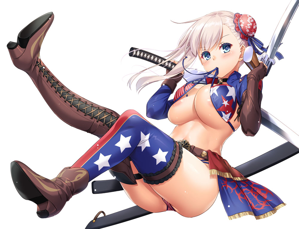 1girl american_flag_bikini areola_slip areolae ass asymmetrical_footwear asymmetrical_gloves asymmetrical_hair bangs belt bikini bikini_lift blue_eyes blue_jacket blue_ribbon blush boots breasts brown_footwear brown_gloves bun_cover closed_mouth elbow_gloves fate_(series) fingerless_gloves flag_print gloves gunblade hair_bun hair_ribbon jacket large_breasts legs legs_up long_hair long_sleeves looking_at_viewer miyamoto_musashi_(fate/grand_order) miyamoto_musashi_(swimsuit_berserker)_(fate) mouth_hold nakajima_yuka pink_hair ribbon sheath shrug_(clothing) side_bun simple_background single_elbow_glove single_thigh_boot solo swept_bangs swimsuit thigh_strap thighhighs weapon white_background