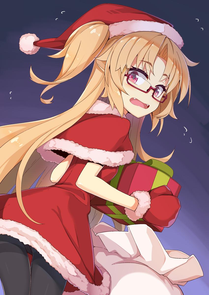 1girl akatsuki_yuni bangs black_legwear blonde_hair blush box capelet commentary_request dress eyebrows_visible_through_hair fangs flying_sweatdrops fur-trimmed_capelet fur-trimmed_dress fur-trimmed_hat fur-trimmed_mittens fur_trim gift gift_box glasses hat highres holding holding_gift long_hair looking_at_viewer looking_back mittens ogami_kazuki open_mouth panties panties_under_pantyhose pantyhose parted_bangs red-framed_eyewear red_capelet red_dress red_eyes red_headwear red_mittens sack santa_costume santa_dress santa_hat semi-rimless_eyewear solo two_side_up under-rim_eyewear underwear uni_channel very_long_hair