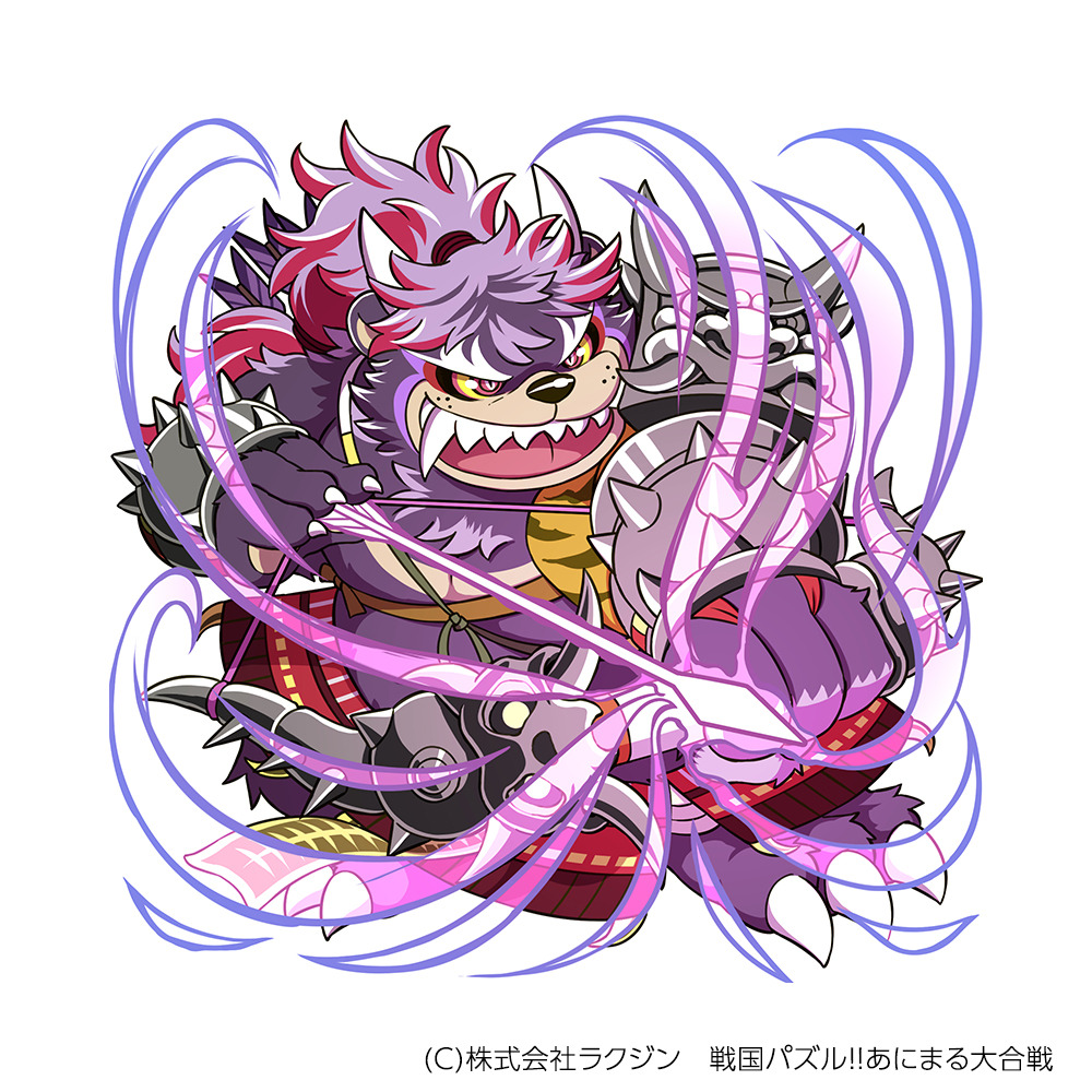 1:1 2019 anthro belly fur horn humanoid_hands japanese_text kinoshita-jiroh male mammal minamoto_no_tametomo overweight overweight_male purple_body purple_fur sengoku_puzzle simple_background text video_games weapon white_background