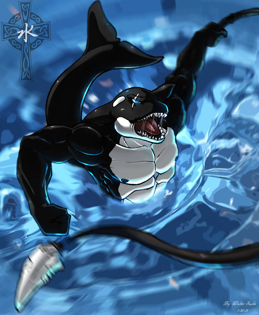 2011 abs anthro cetacean delphinoid digital_media_(artwork) jewelry looking_at_viewer male mammal marine muscular muscular_male necklace oceanic_dolphin open_mouth orca scar sharp_teeth solo teeth tongue toothed_whale velmont walter_sache weapon whip