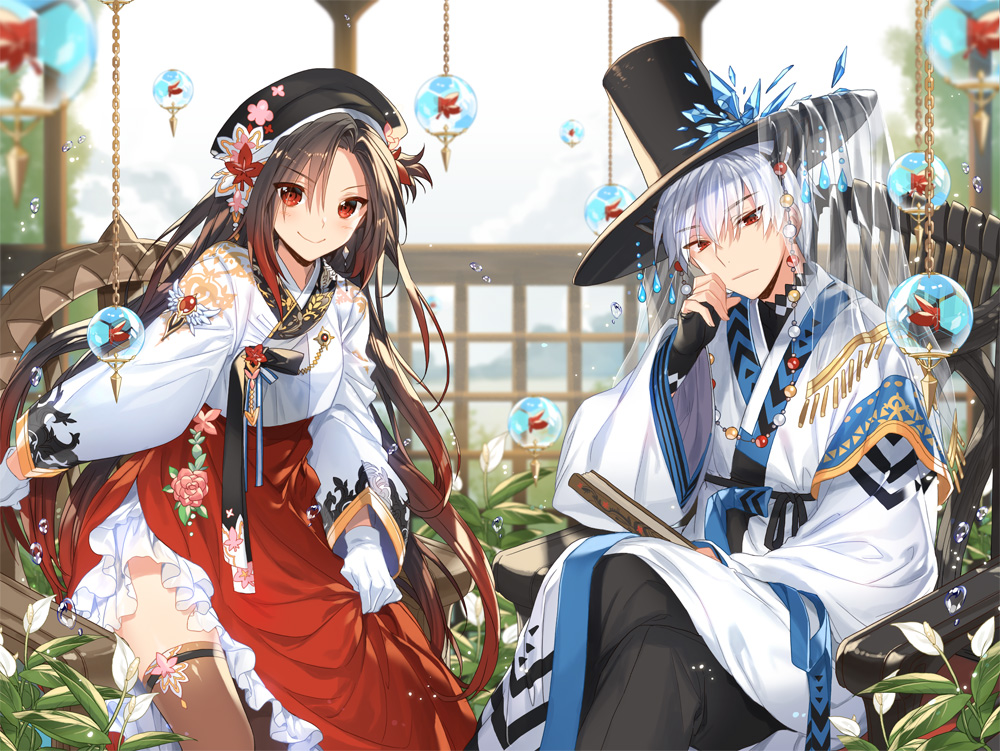 1boy 1girl anthurium armchair bangs beads black_gloves black_headwear black_pants blush brown_legwear chain chair chin_strap closed_fan closed_mouth crossed_legs crystal curious day empew fan feet_out_of_frame fingerless_gloves flower folding_fan frills gem glass gloves gradient_hair hair_ornament hanbok happy haru_(soccer_spirits) hat hat_ornament korean_clothes long_hair long_sleeves looking_at_viewer multicolored_hair one_side_up pants parted_bangs plant railing red_eyes red_flower red_hair see-through sharr_(soccer_spirits) sitting skirt_hold smile soccer_spirits sphere thighhighs two-tone_hair undershirt veil very_long_hair water_drop white_flower white_gloves white_hair wide_sleeves