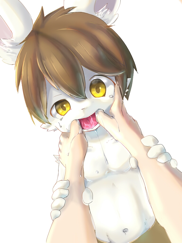 anthro bodily_fluids brown_hair clothed clothing cub drooling eipon_tarou finger_in_mouth first_person_view fish_hooking fur hair human kemono lagomorph leporid looking_at_viewer male mammal open_mouth rabbit saliva short_hair simple_background tongue topless white_background white_body white_fur yellow_eyes young