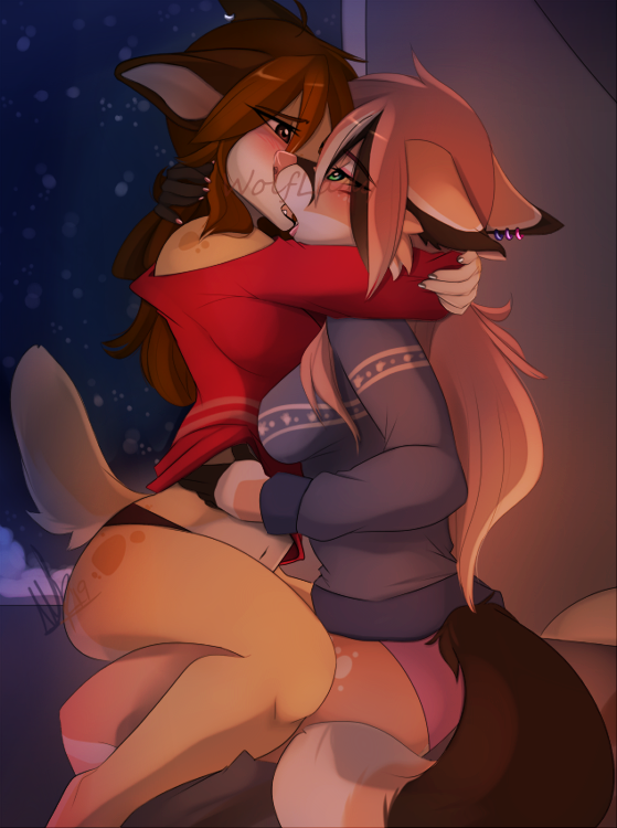 2019 anthro brown_eyes brown_hair canid canine canis clothed clothing detailed_background digital_media_(artwork) domestic_dog duo eyebrows eyelashes female female/female hair kissing mammal wolflady