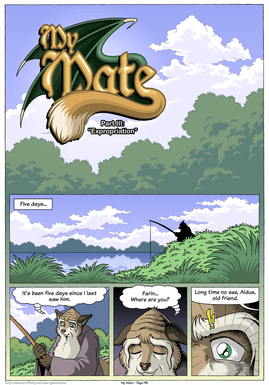 ! age_difference anthro beard canid canine comic day dialogue english_text facial_hair fishing fishing_rod forest fox geminisaint green_eyes hi_res lake male mammal meadow older_male outside solo text tree