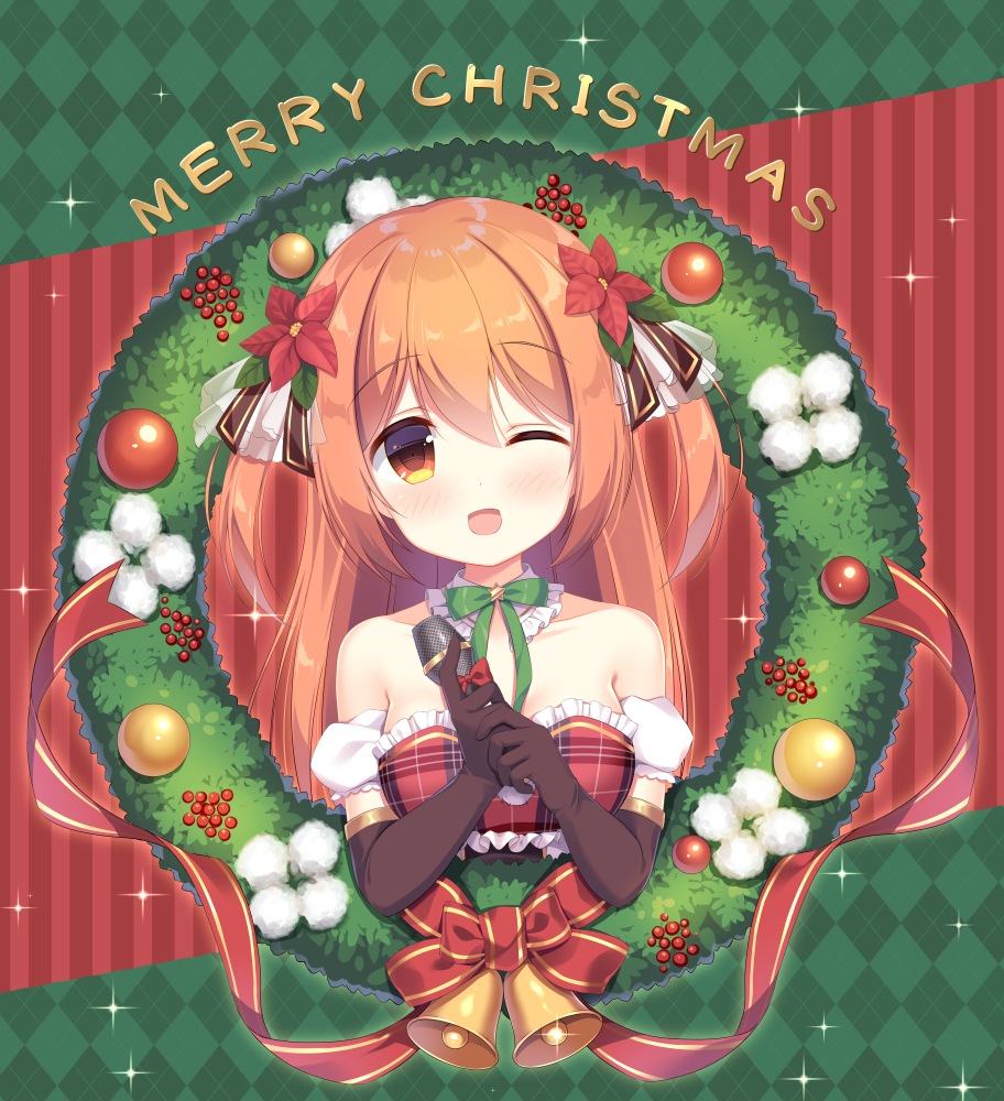 1girl ;d argyle argyle_background bangs bell black_gloves blush bow brown_eyes brown_hair christmas christmas_wreath commentary_request detached_sleeves elbow_gloves eyebrows_visible_through_hair flower frills gloves hair_between_eyes hair_flower hair_ornament holding holding_microphone ikataruto long_hair merry_christmas microphone one_eye_closed open_mouth plaid princess_connect! princess_connect!_re:dive puffy_short_sleeves puffy_sleeves red_bow red_flower sakurai_nozomi_(princess_connect) short_sleeves smile solo sparkle striped striped_background striped_bow two_side_up upper_body vertical-striped_background vertical_stripes white_sleeves