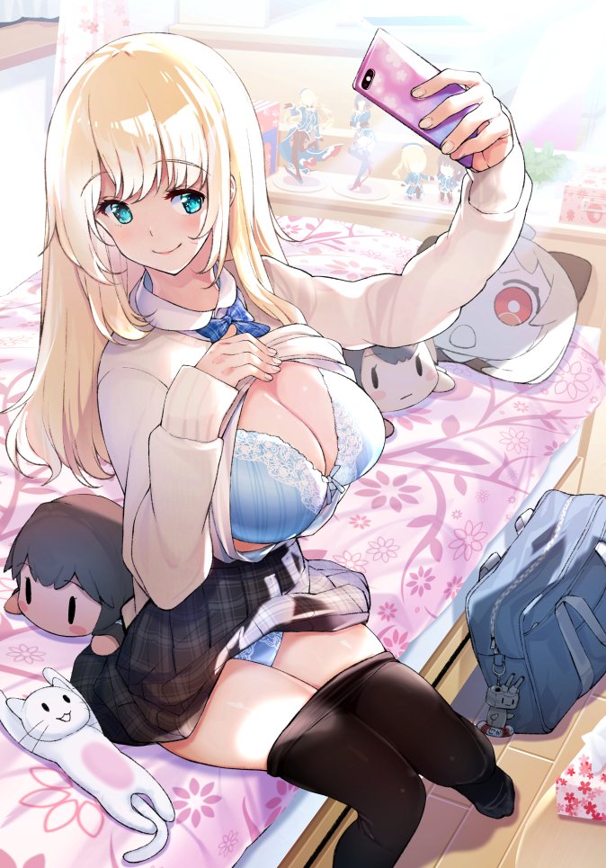 1girl amami_amayu atago_(kantai_collection) bag bangs bed black_legwear black_skirt blonde_hair blue_bra blue_eyes blue_neckwear blue_panties blush bow bowtie bra breasts cellphone cleavage day eyebrows_visible_through_hair figure holding holding_phone indoors kantai_collection lace lace-trimmed_panties large_breasts lifted_by_self long_sleeves open_clothes open_shirt panties pantyhose phone self_shot sitting skirt skirt_lift smartphone smile solo stuffed_toy tissue_box underwear window