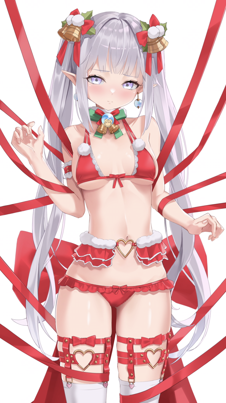 1girl arm_garter bare_shoulders bell bow bowtie bra breasts breasts_apart choker christmas commentary_request cowboy_shot earrings grey_hair hair_bow heart highres jewelry leg_belt long_hair looking_at_viewer medium_breasts monyu_(monyupop) navel original panties pointy_ears purple_eyes red_bow red_bra red_panties red_ribbon ribbon sidelocks simple_background solo standing thighhighs thighs twintails underwear underwear_only very_long_hair white_background white_legwear