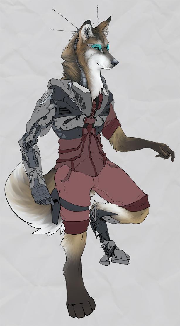 2016 4_toes 5_fingers ambiguous_gender antennae_(anatomy) anthro biped black_nose bottomwear brown_body brown_fur canid canine canis clothed clothing digital_drawing_(artwork) digital_media_(artwork) domestic_dog fingers front_view fur grey_background looking_away mammal multicolored_body multicolored_fur paws prosthetic_arm prosthetic_leg robotic science_fiction shirt shorts simple_background solo standing sterr three-quarter_view toes topwear visor white_body white_fur