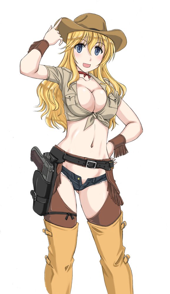 1girl belt black_belt black_shorts blonde_hair blue_eyes boots breasts brown_headwear brown_shirt chaps choker cleavage commentary_request cowboy_hat crop_top cutoffs denim denim_shorts eyebrows_visible_through_hair fringe_trim gun hand_on_hip handgun hat holster large_breasts long_hair looking_at_viewer micro_shorts navel open_fly open_mouth original red_choker ribbon_choker shirt short_sleeves shorts simple_background smile solo standing thigh_boots thighhighs tied_shirt wan'yan_aguda weapon white_background wrist_cuffs yellow_footwear