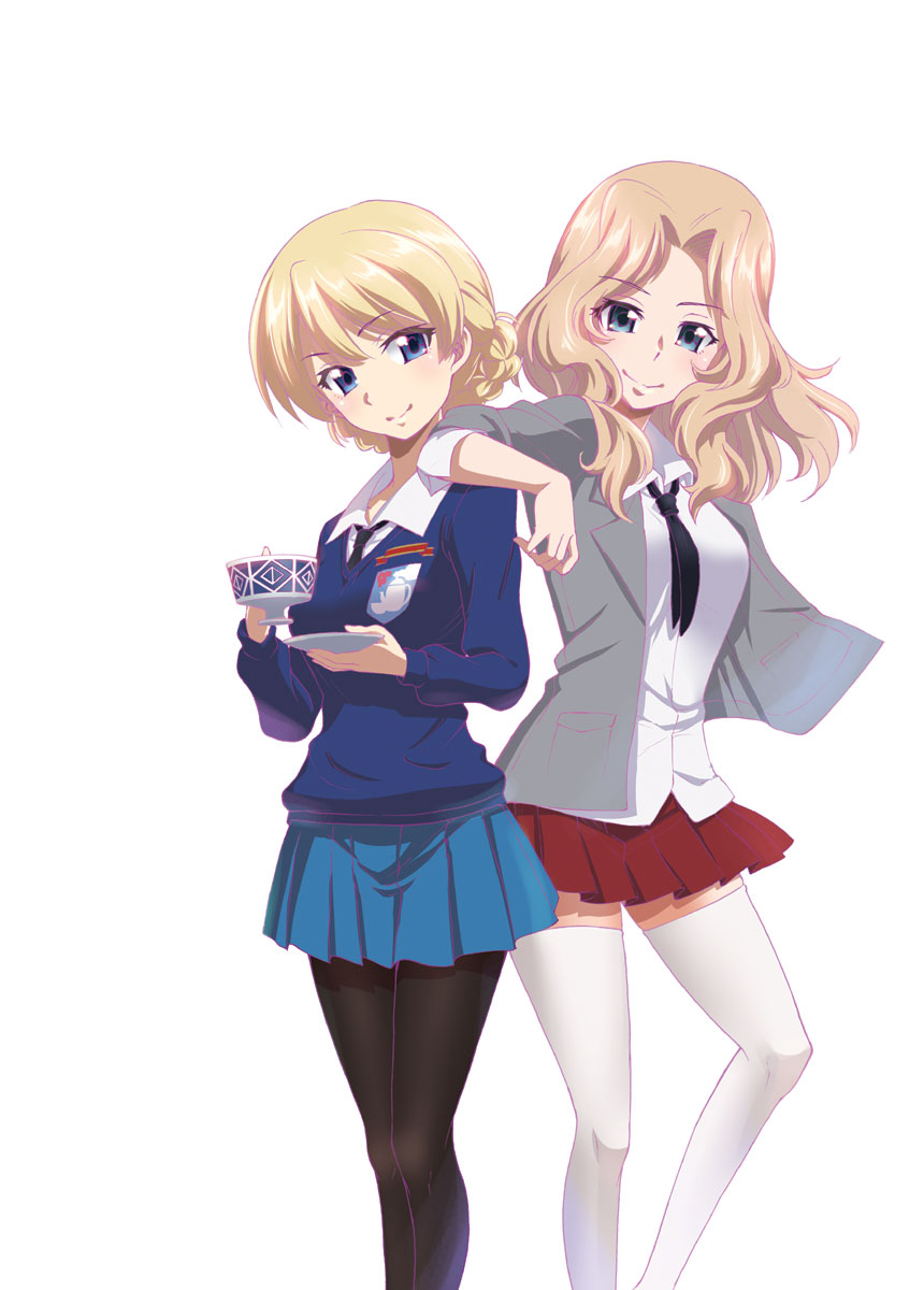 2girls bangs black_legwear black_neckwear blonde_hair blouse blue_eyes blue_skirt blue_sweater braid closed_mouth collared_blouse cup darjeeling dress_shirt elbow_on_another's_shoulder emblem eyebrows_visible_through_hair girls_und_panzer hair_intakes highres holding holding_cup holding_saucer jacket kay_(girls_und_panzer) long_hair long_sleeves looking_at_viewer miniskirt multiple_girls necktie open_clothes open_jacket pantyhose pleated_skirt saitaniya_ryouichi saucer saunders_school_uniform school_uniform shirt short_hair side-by-side simple_background skirt sleeves_rolled_up smile st._gloriana's_(emblem) st._gloriana's_school_uniform standing sweater teacup thighhighs tied_hair twin_braids v-neck white_background white_blouse white_legwear white_shirt wind wing_collar