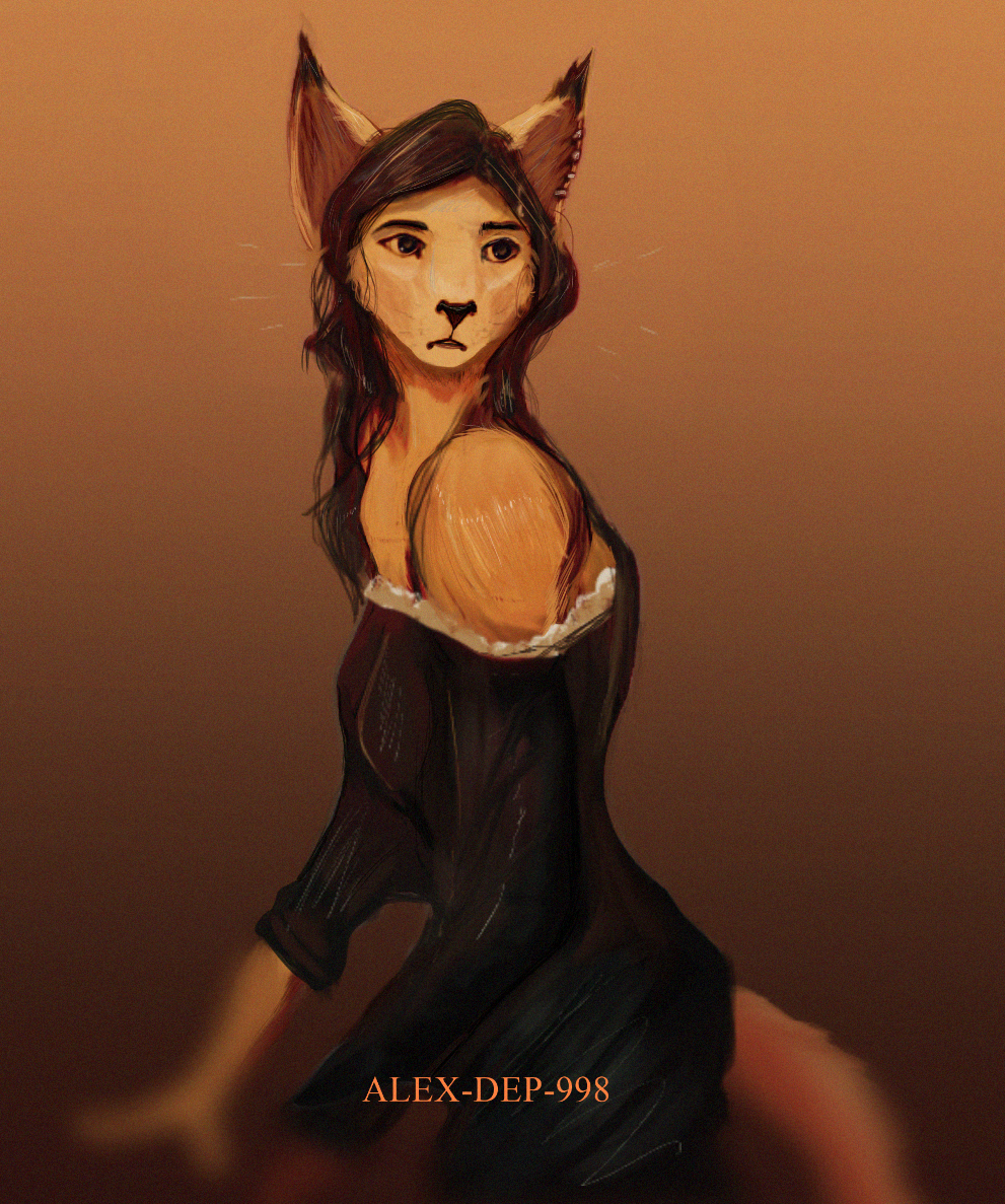 alex-dep-998 anthro biped breasts brown_eyes clothed clothing digital_media_(artwork) ear_piercing felid feline felis female fur hair mammal open_mouth piercing simple_background standing whiskers