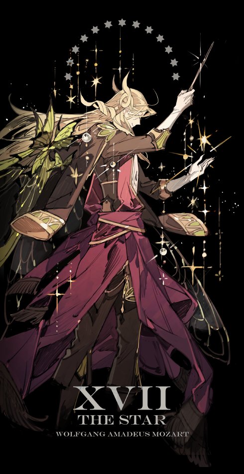 1boy bangs black_background blonde_hair bug butterfly character_name closed_eyes closed_mouth conductor curly_hair elbow_gloves fate/grand_order fate_(series) fingernails formal gloves holding holding_stick insect jacket_on_shoulders long_fingernails long_sleeves male_focus music robe roman_numerals side_slit sidelocks simple_background solo sparkle standing star starshadowmagician stick suit tarot the_star white_gloves wolfgang_amadeus_mozart_(fate/grand_order)