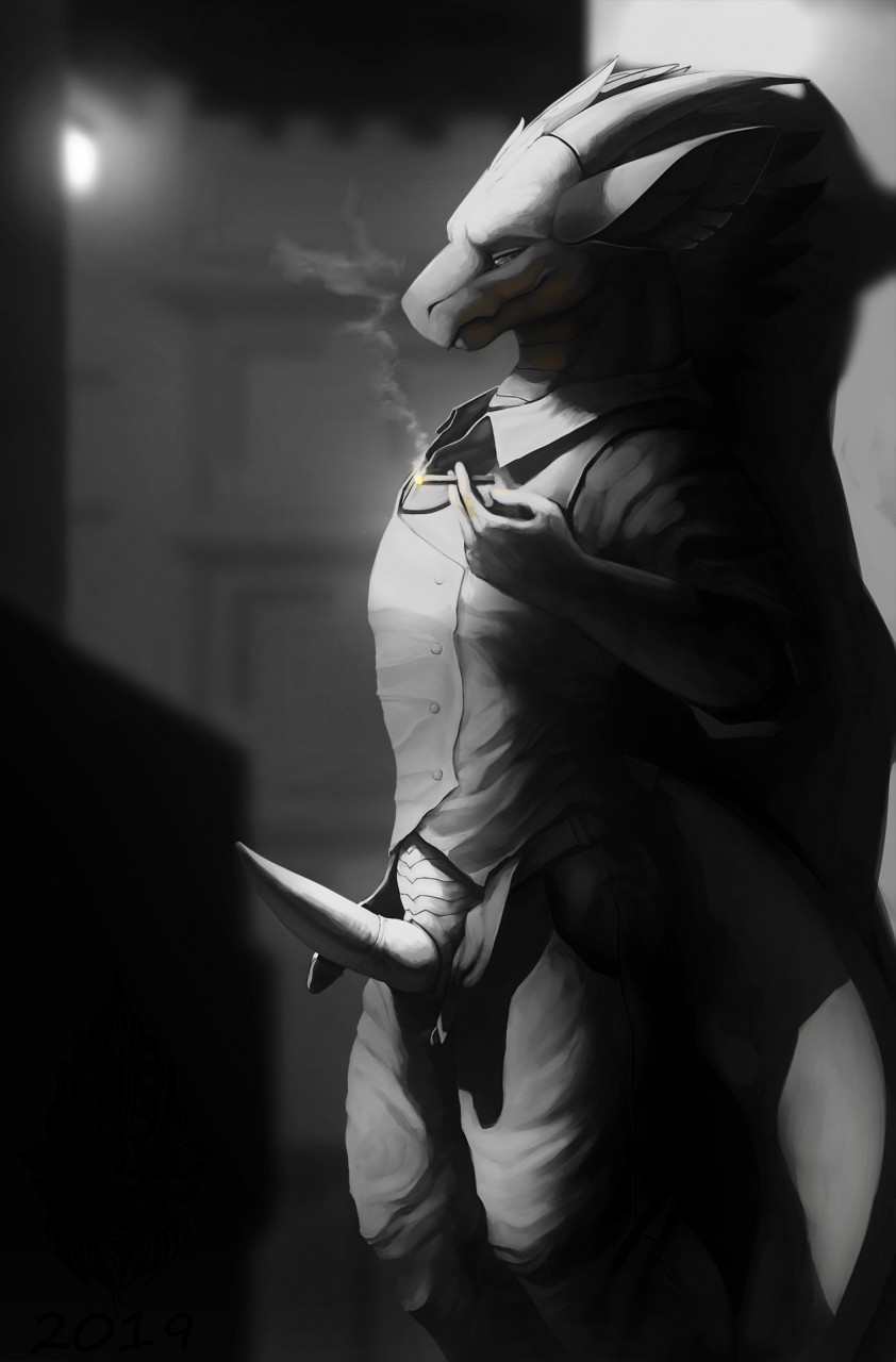 2019 anthro black_and_white cigarette clothed clothing digital_media_(artwork) dragon erection feathered_dragon feathers hi_res horn illarion_(character) kazzyboii knot male monochrome noir penis smoke smoking solo