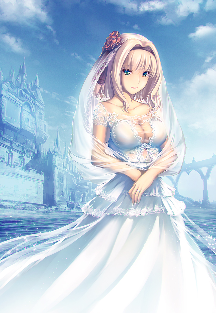 1girl breasts bridal_veil bride castle cleavage cloud cloudy_sky collarbone commentary_request dress eyebrows_visible_through_hair flower green_eyes hair_flower hair_intakes hair_ornament jewelry large_breasts looking_at_viewer ring ryuuyoku_no_melodia see-through shinshia_holand short_hair sidelocks sky smile solo tenmaso veil water wedding_band wedding_dress white_hair
